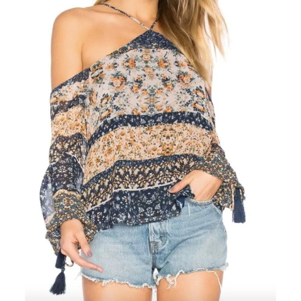 Tularosa navy blue orange floral tassel cut out cold shoulder Syrah boho top